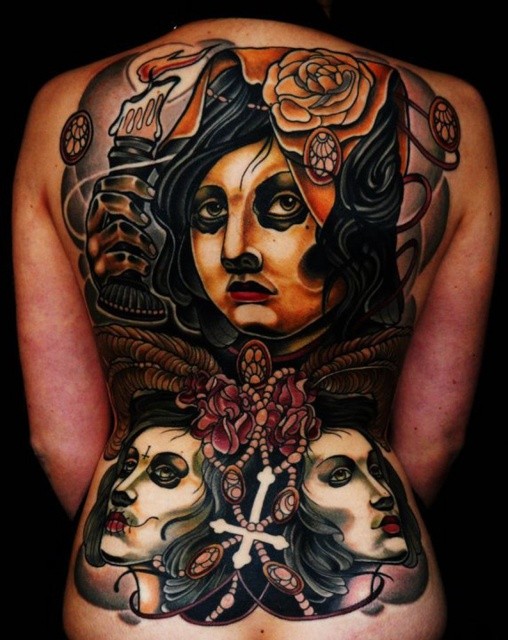 old school背部彩色神秘女子与玫瑰和蜡烛纹身图案
