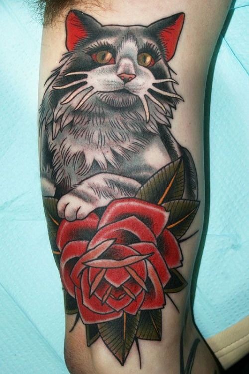 大臂漂亮的猫与红玫瑰纹身图案