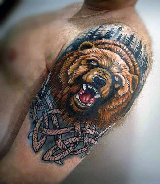 大臂有趣的彩色树林熊头纹身图案