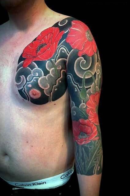 手臂亚洲风格的逼真彩色罂粟花纹身图案