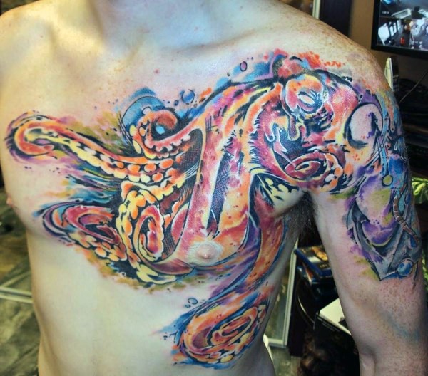 肩部和胸部美丽的五彩章鱼纹身图案