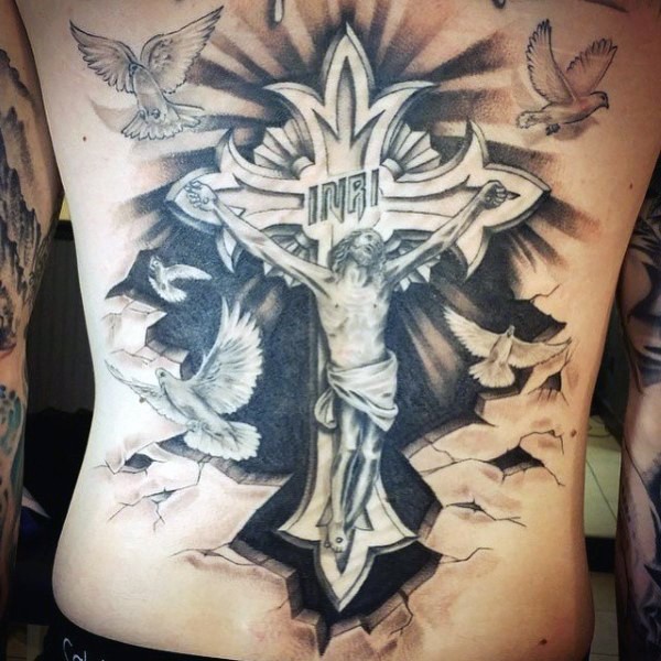 宗教风格黑白十字架和耶稣纹身图案