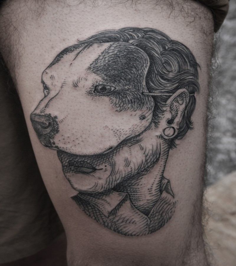 大腿old school黑色狗面具的女人纹身图案