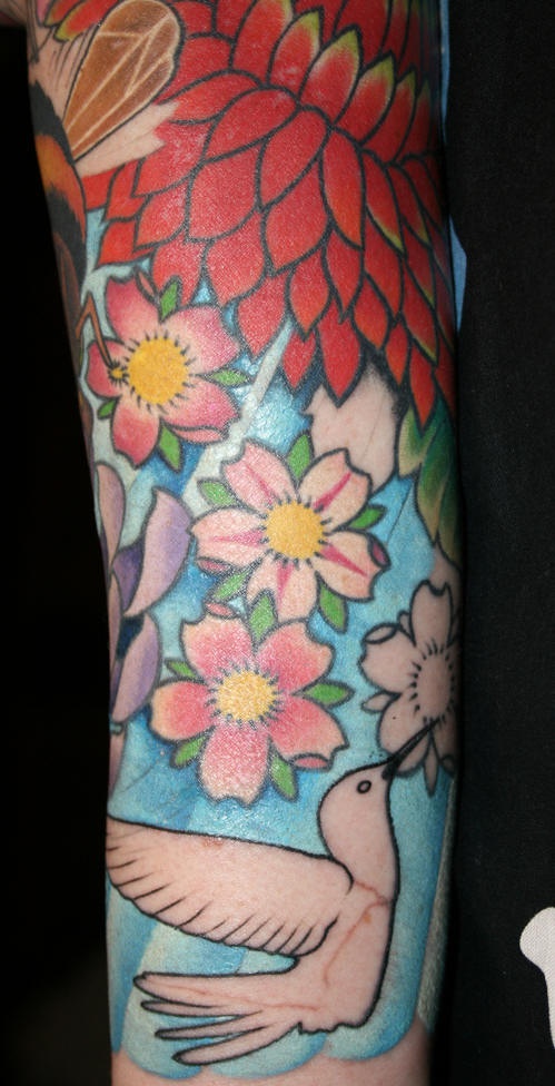 手臂白色蜂鸟和彩色花朵纹身图案