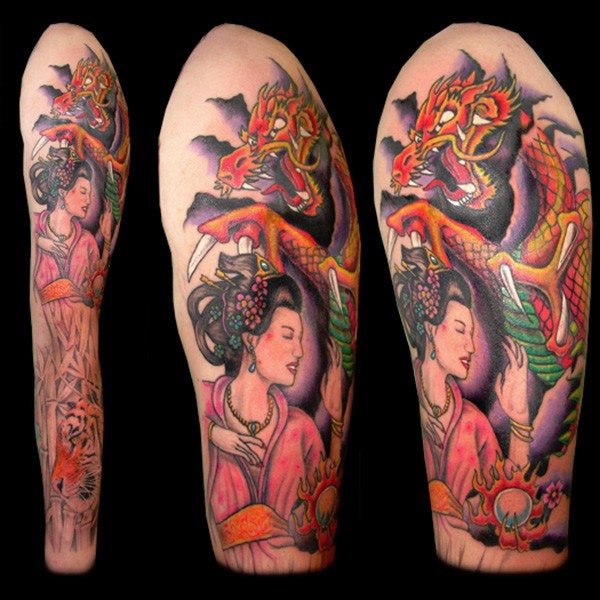 手臂old schoo丰富多彩的亚洲艺妓和龙纹身图案