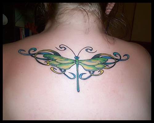 女生背部绿色蜻蜓与藤蔓纹身图案