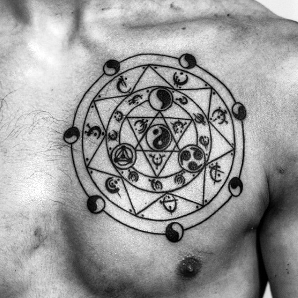 胸部圆形黑色的亚洲传统阴阳八卦纹身图案