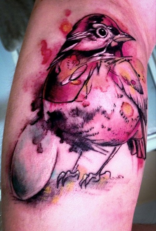 水彩画风格彩色小鸟和鸟蛋纹身图案