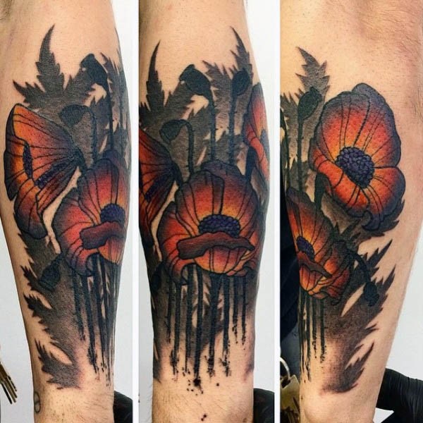 非常漂亮的彩绘罂粟花和叶子手臂纹身图案