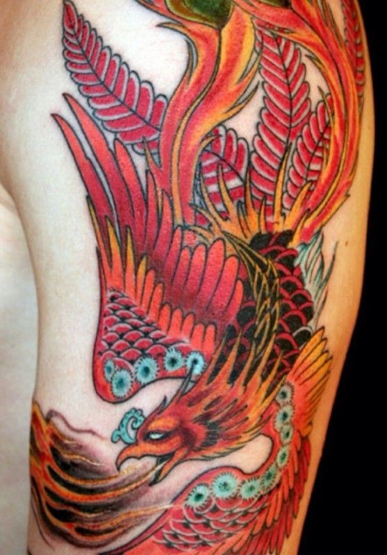 手臂上的彩色火凤凰纹身图案