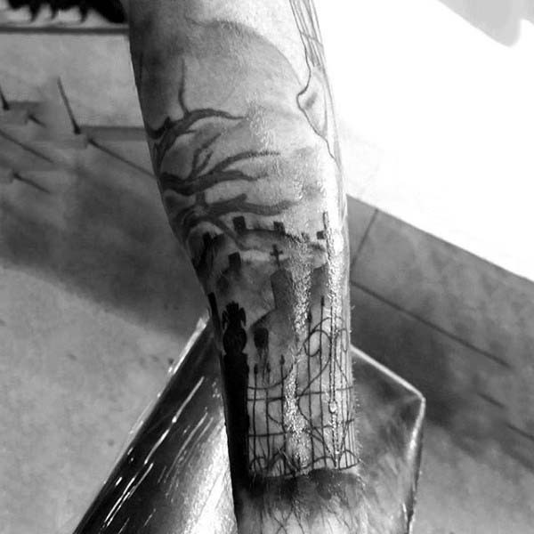 手臂神秘的黑白墓地纹身图案