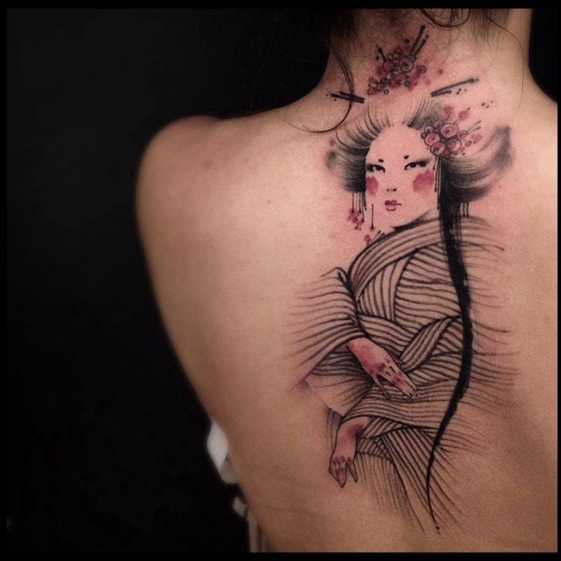 背部日本风格的彩色艺伎女人纹身图案