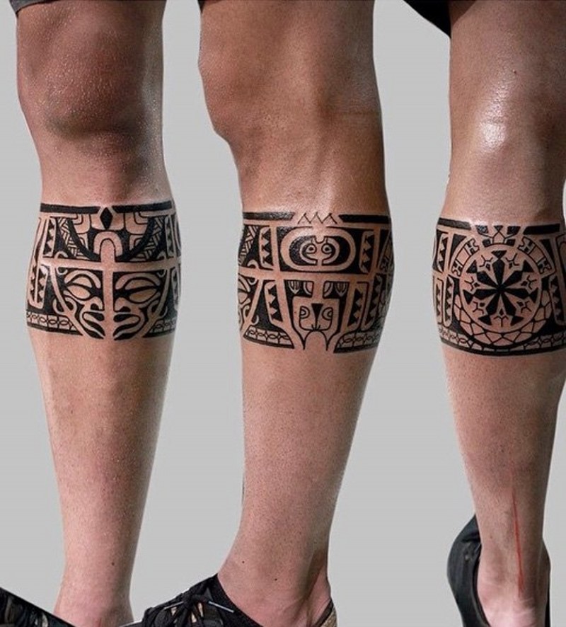 小腿黑色的阿兹特克部落风格图腾纹身图案