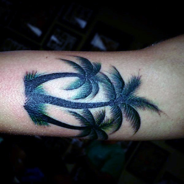 手臂三颗彩色棕榈树纹身图案