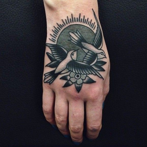 手背黑灰燕子个性纹身图案