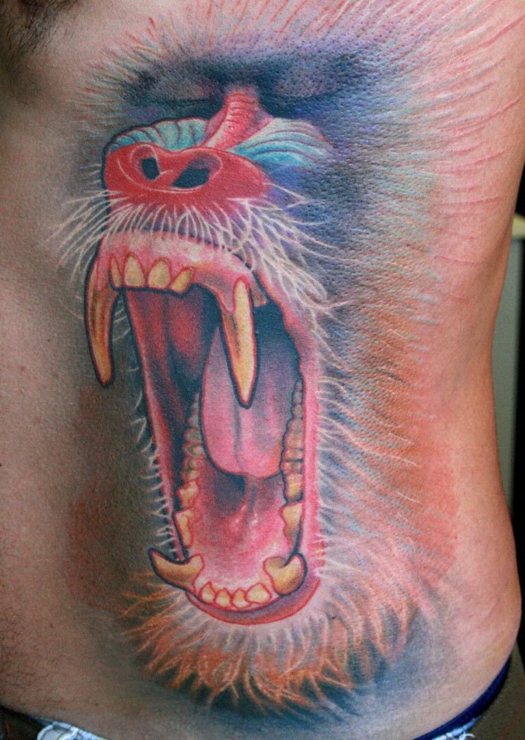 侧肋巨大的彩色狒狒头像纹身图案