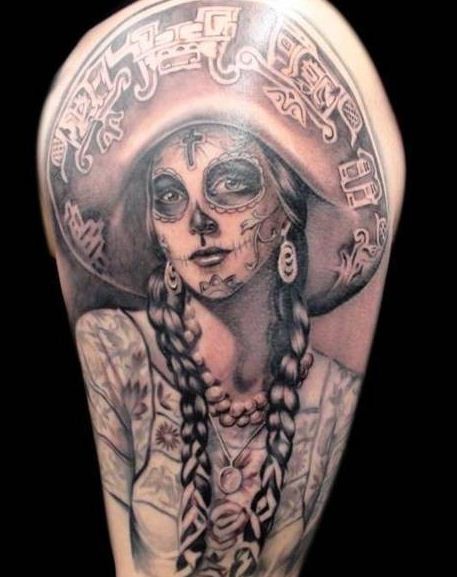 大臂墨西哥风格死亡女郎纹身图案