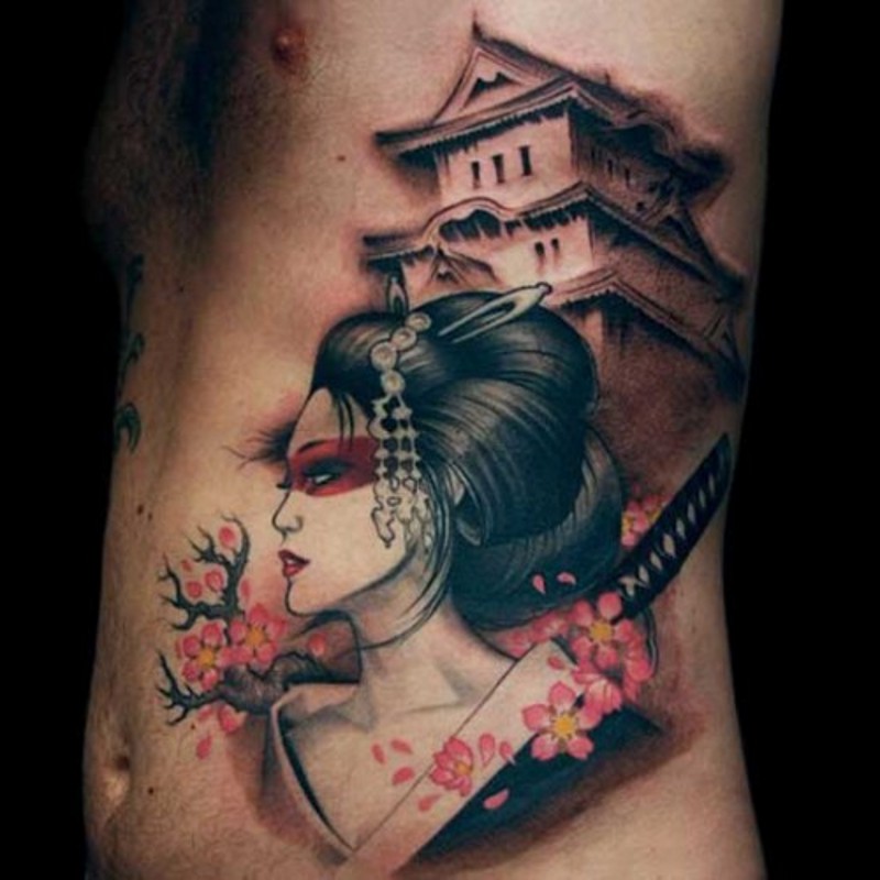 侧肋亚洲艺妓画像与房子纹身图案