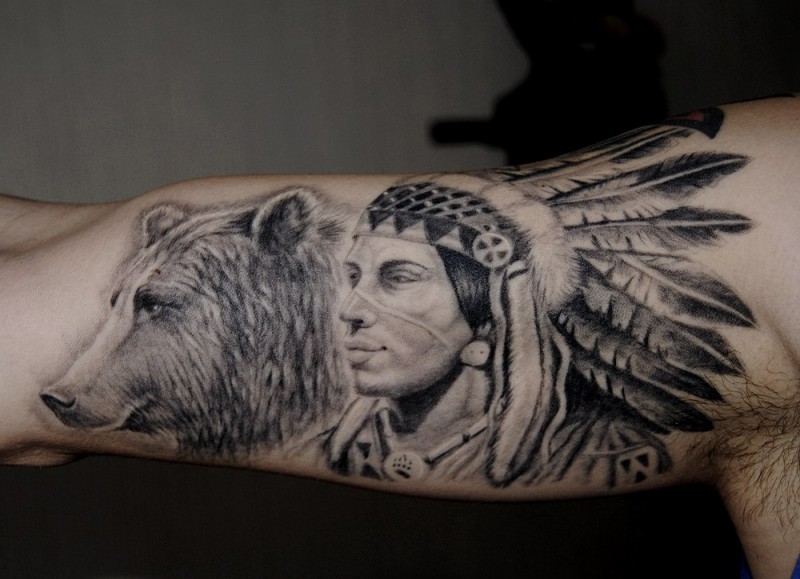 印度战士和熊手臂纹身图案