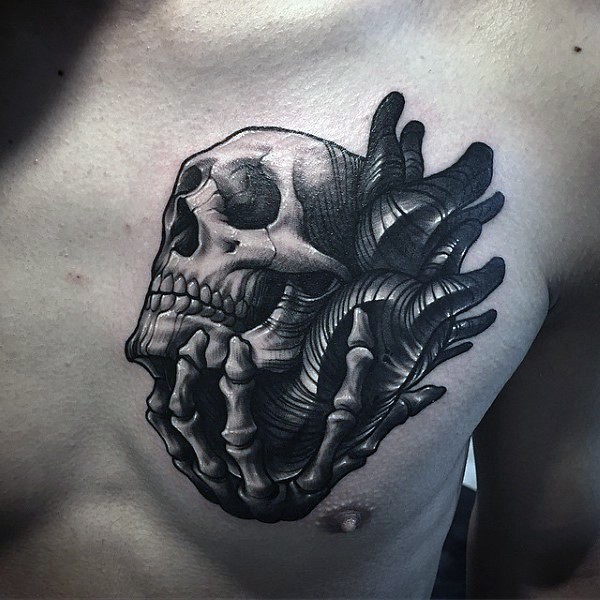 胸部雕刻风格黑色心脏与骷髅纹身图案