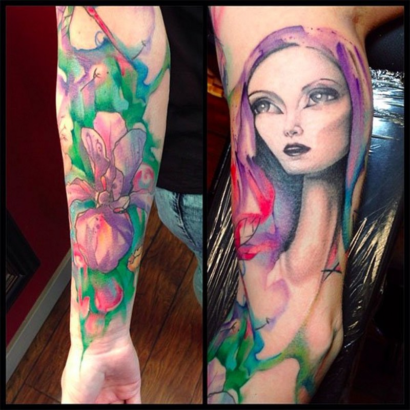 小臂水彩花朵和女人肖像纹身图案