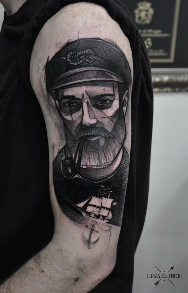 大臂素描风格黑色的胡子水手纹身图案