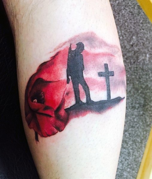 手臂彩色玫瑰和士兵坟墓纹身图案