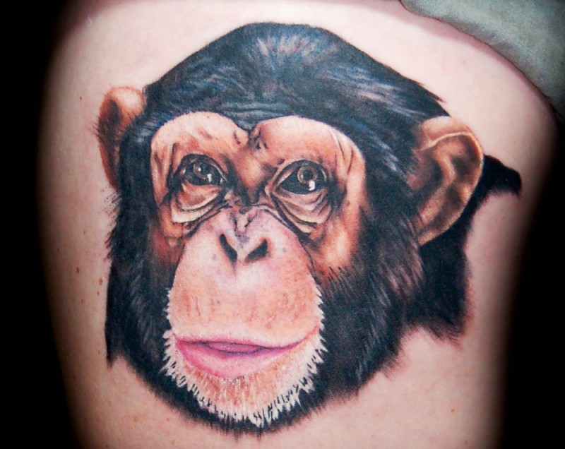 大腿彩色黑猩猩头部纹身图案