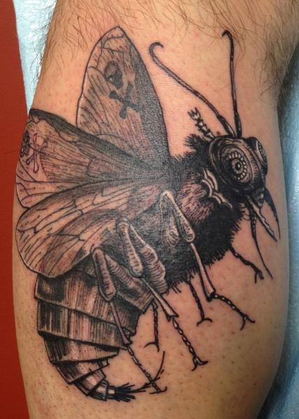 小腿雕刻风格机械蜜蜂纹身图案