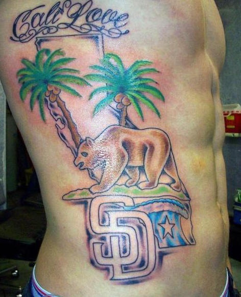 侧肋彩色的熊和椰子树字母纹身图案