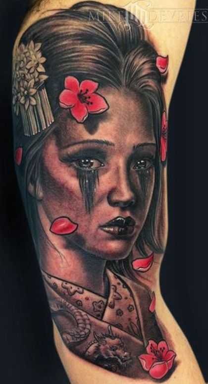 手臂彩色的亚洲艺妓肖像纹身图案