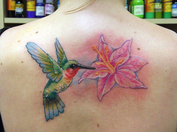 背部经典写实的蜂鸟花朵纹身图案