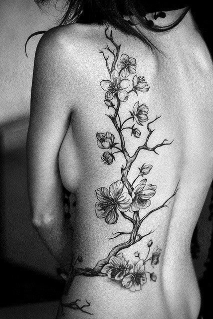 背部亚洲风格黑白树枝花朵纹身图案