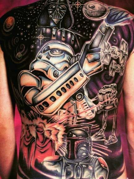 背部大规模的星球大战主题丰富多彩纹身图案
