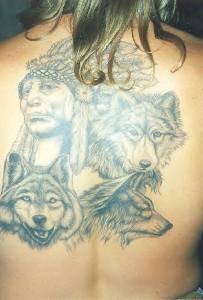印第安酋长肖像与狼头像纹身图案