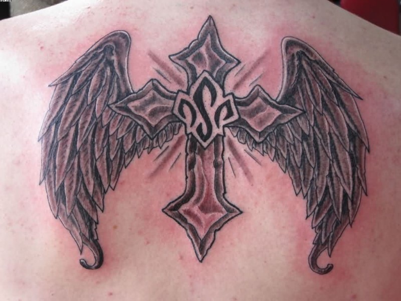 背部十字架翅膀和符号纹身图案