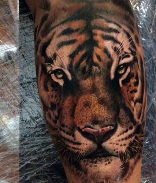 美丽写实的彩色老虎头像纹身图案