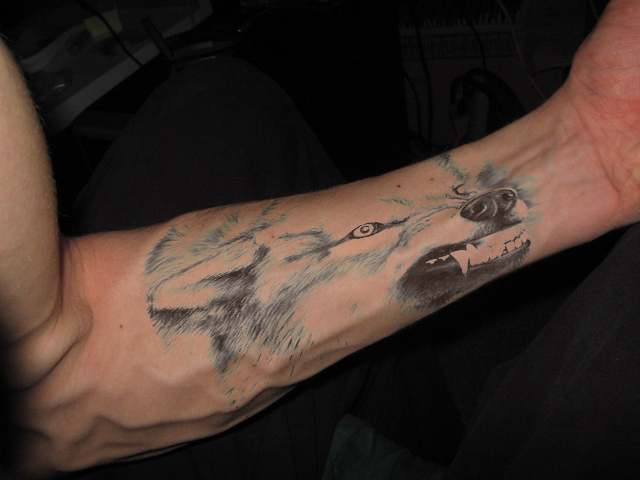 狼的笑容写实风格手臂纹身图案