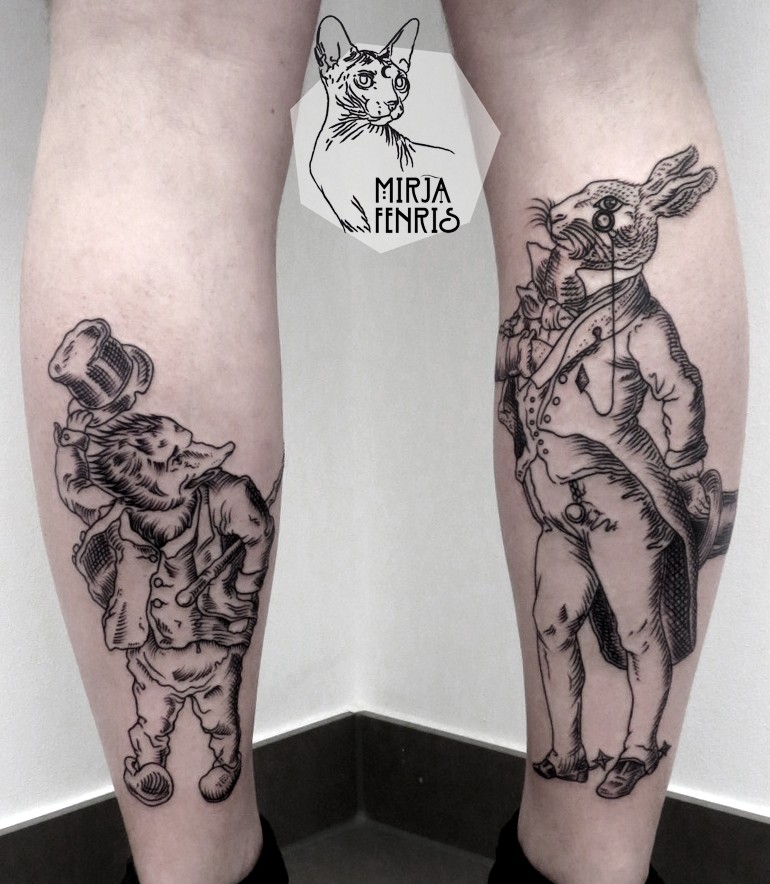 小腿卡通风格黑色各种人类动物纹身图案