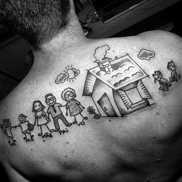 背部有趣的卡通大家庭纹身图案