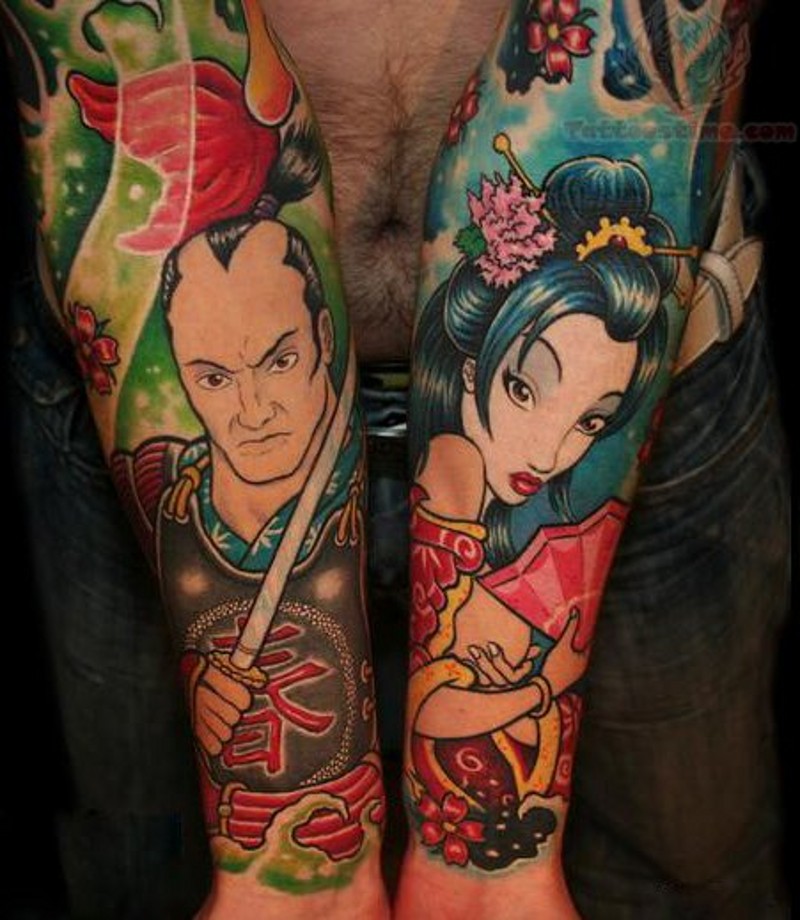 手背梦幻卡通风格的彩色武士和艺妓纹身图案