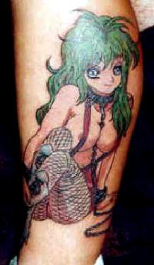 小腿绿头发的动漫亚洲女孩纹身图案