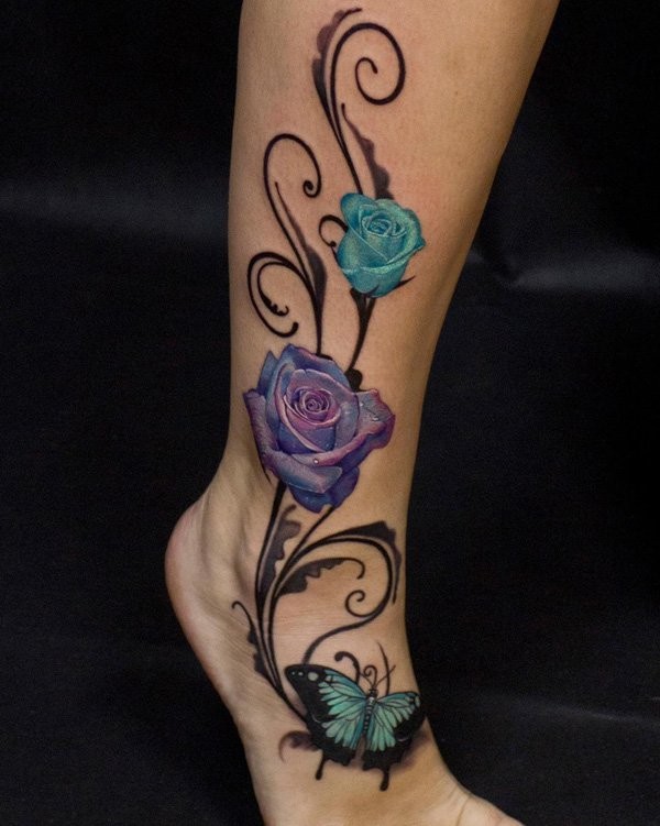 惊人的逼真玫瑰蝴蝶小腿纹身图案