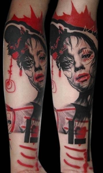 小腿不寻常的五彩亚洲女人肖像纹身图案