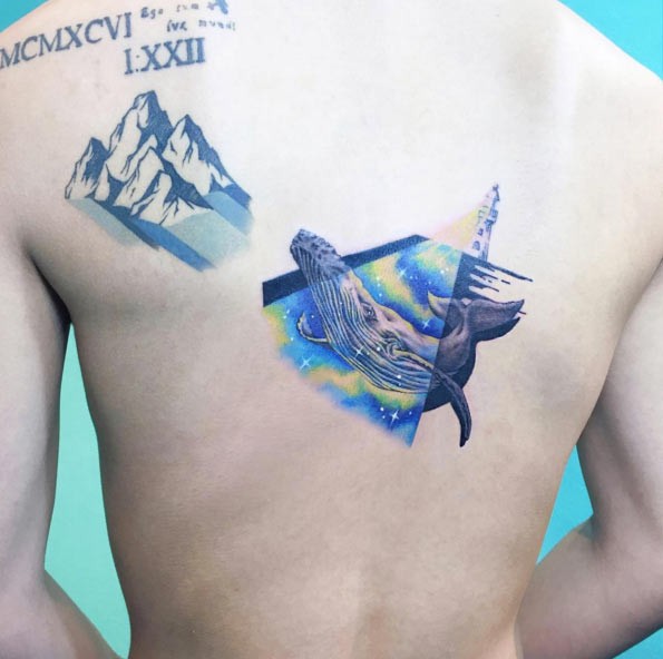 背部灯塔与不寻常的大鲸鱼和山脉纹身图案