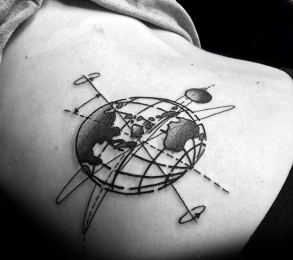 肩部黑色的地球与行星纹身图案