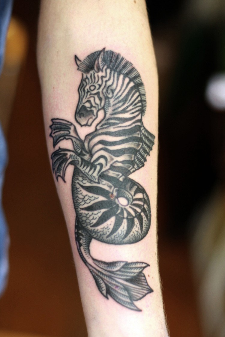 小臂黑白斑马和海马组合纹身图案