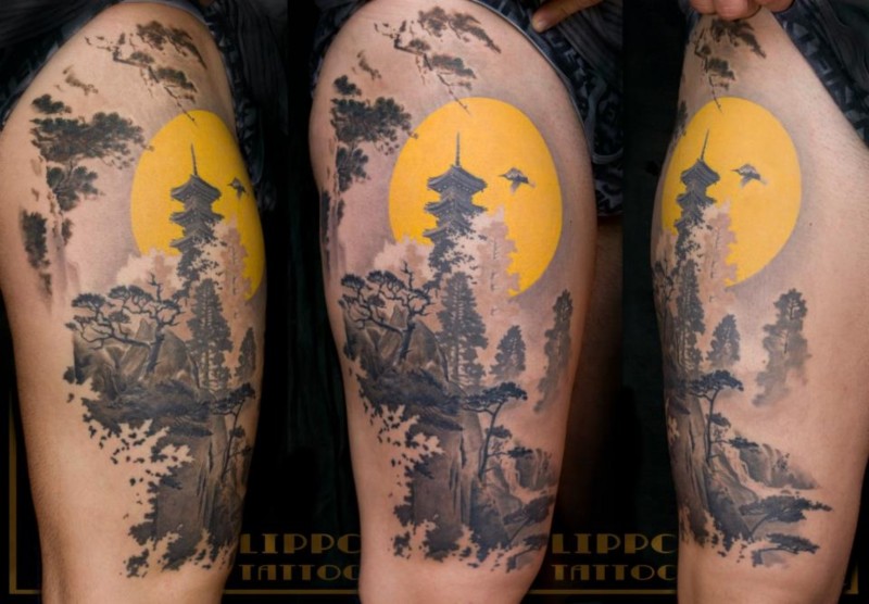 大臂油画般的亚洲山脉树林寺庙纹身图案
