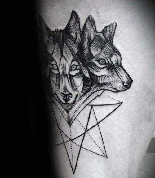 壮观的黑色狼头与几何星星纹身图案