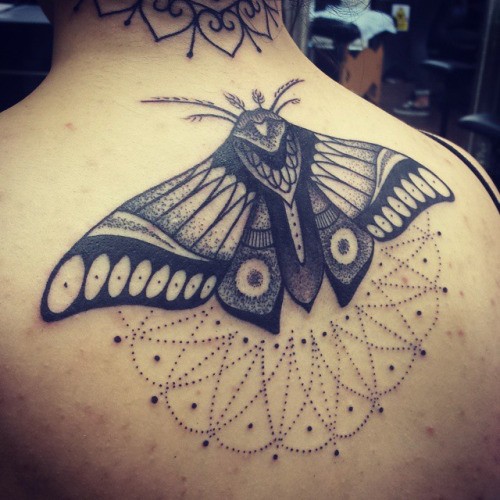 点刺风格黑色的蝴蝶背部纹身图案